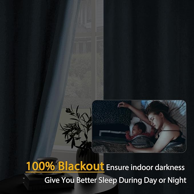100% Blackout Linen Textured Curtains for Living Room, Bedroom, Light Weight Curtains with Grommets Top, Full Blackout Curtains Privacy Protection, Light Blue, 52" W x 108" L, 2 Panels