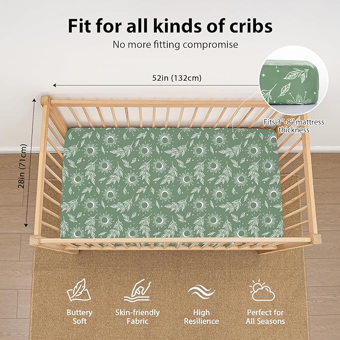 Baby Crib Sheets for Boys and Girls, 3 Pack Fitted Toddler Bed Sheets Neutral for 52”x28” Standard Crib and Toddler Mattresses, Super Soft Microfiber Green Starry Sky