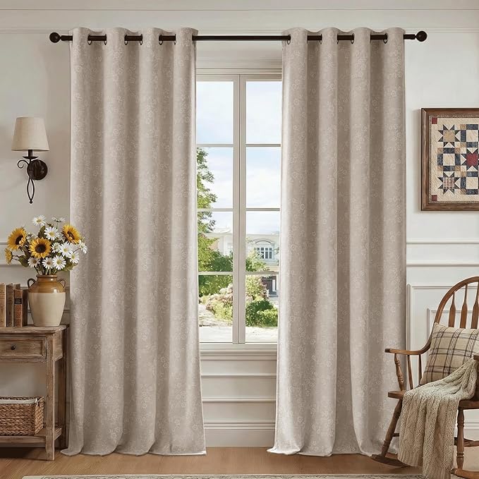 Beauoop Beige Floral Jacquard Blackout Curtains 63 Inches Long 2 Panels for Living Room Bedroom Chenille Flower Room Darkening Thermal Insulated Soundproof Grommet Window Drapes, 52x63 Set of 2