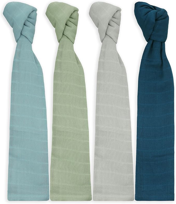Featherhead™ 100% Cotton Muslin Swaddle Blankets for Baby Girl - Large 47”x 47” - Pre-Washed, Soft, & Breathable - Newborn Essential & Perfect Baby Registry Gift (4 Pack - Blue Solids)