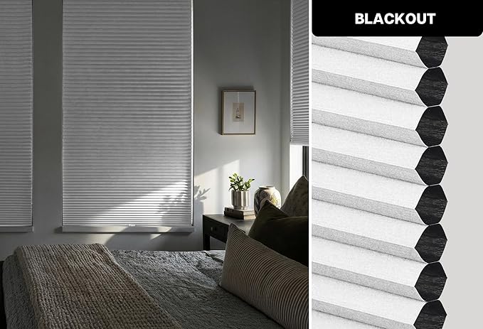 LazBlinds Cordless Cellular Shades, No Tools No Drill Blackout Honeycomb Shades Pleated Blinds for Windows, 43" W x 64" H, Silver White
