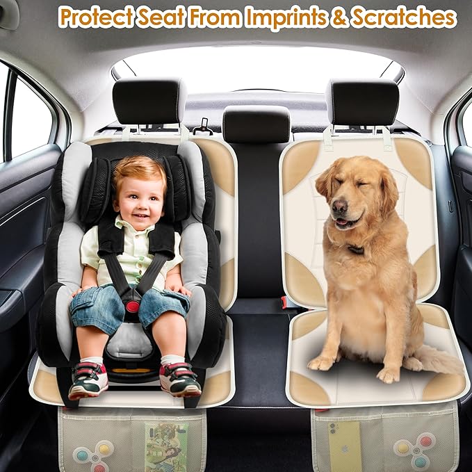 Sinvitron Car Seat Protector for Child Car Seat - Waterproof Non-Slip Leather Mat with 2 Mesh Pockets, Universal Seat Cover for Baby, Pets & Vehicles(2-Pack,Off-White)