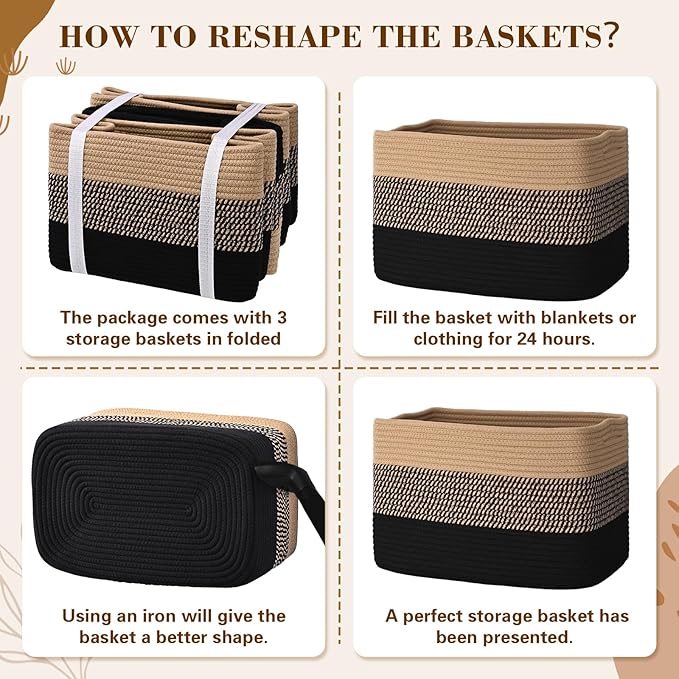 Woven Storage Baskets, Baskets for Organizing, 3 Pack Woven Basket for Storage, Storage Baskets for Shelf, Towel, Toy, Book, Closet, Baby 15"×10"×9"