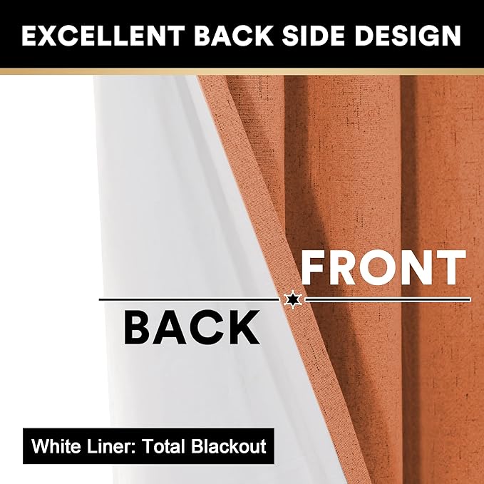 PrinceDeco Linen Texture Curtains 100% Blackout Curtains 64 inch Long 2 Panels Set for Bedroom Living Room Energy Saving Window Treatment Curtain Drapes, Burlap Fabric with White Liner，Orange