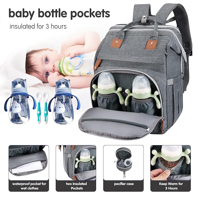 DERJUNSTAR Baby Diaper Bag Backpack with ChangingStation-Large Capacity Baby Bag for Boys & Girls, USBCharging Port, Pacifier Case, sunshade & Toy Bar,Waterproof