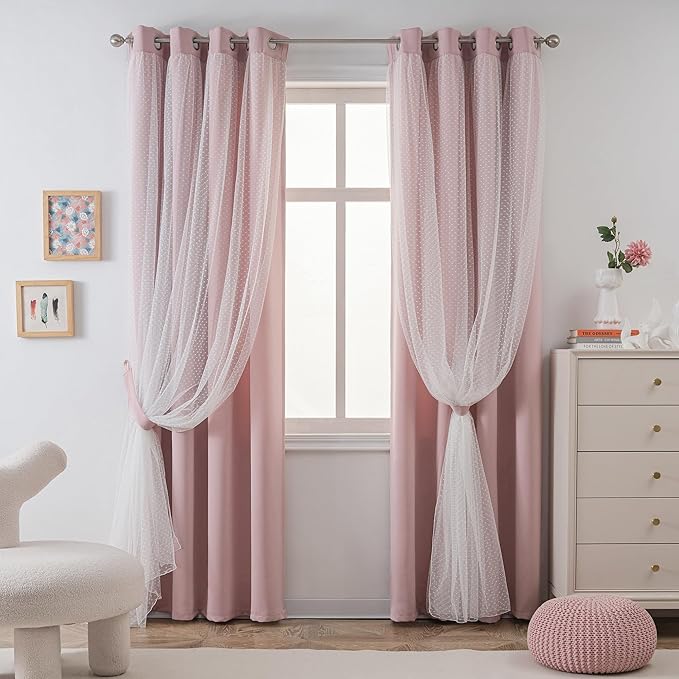 MYSKY HOME Pink Curtains for Girls Bedroom & Nursery Kids Blackout Blush Princess Curtains Double Layer with Polka Dots Sheer, Grommet Tops, 52x95 Inch, 2 Panels