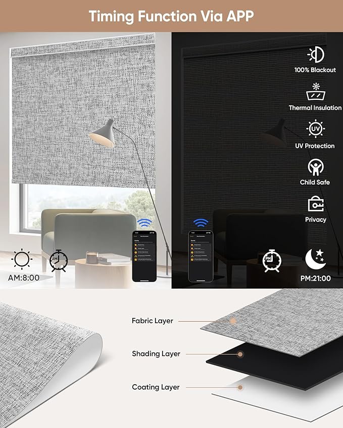 Kincmo Motorized Blinds with Remote,100% Blackout Motorized Roller Shades Work with Apple Homekit,Alexa,Google, Custom Electric Blinds with App,Voice Control (Mist Twilight)