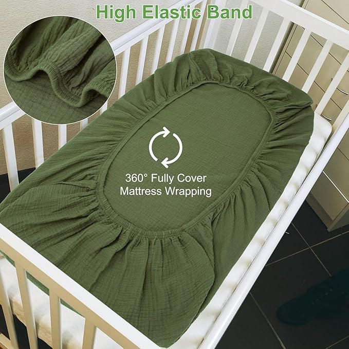 PET REJOIR Muslin Fitted Crib Sheets for Girls & Boys-2 Pack 28"x 52" Soft Baby Mattress Sheet-No Slip Boho Neutral Breathable Toddler Cotton Bedding Olive Green & Beige