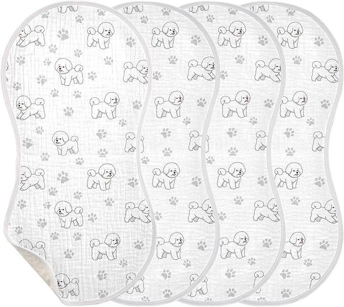 Qinllo 4 Pack Muslin Burp Cloths Cute Bichon Dog White Cotton Baby Burp Cloths Extra Absorbent and Soft Spit Up Rags for Newborn Babies 22x11 Inch