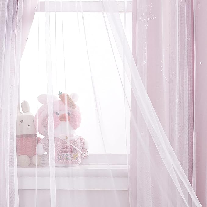 NICETOWN Pink Curtains, Star Moon Cutout Cute Curtains Blackout Drapes with Sheer Overly for Girl Bedroom, Double Layer Window Treatment for Nursery, 52 X 95 Inches, 1 Pair