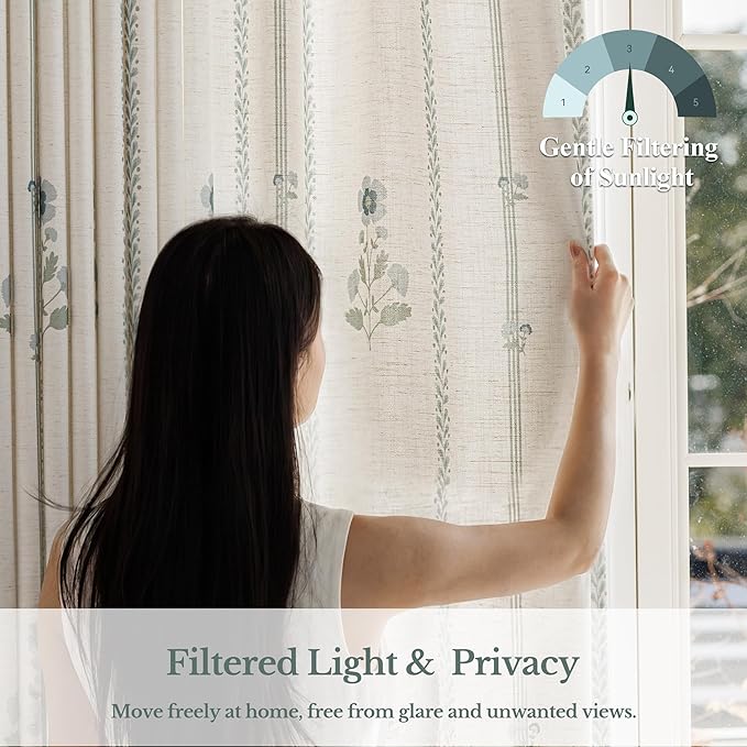 Pinch Pleated Curtains for Living Room Bedroom Dining Room - 90 Inches Light Filtering Floral Curtains Luxury Linen Drapes Farmhouse Window Curtains with Hooks and Rings - 2 Panels Set, 40" W x 90" L