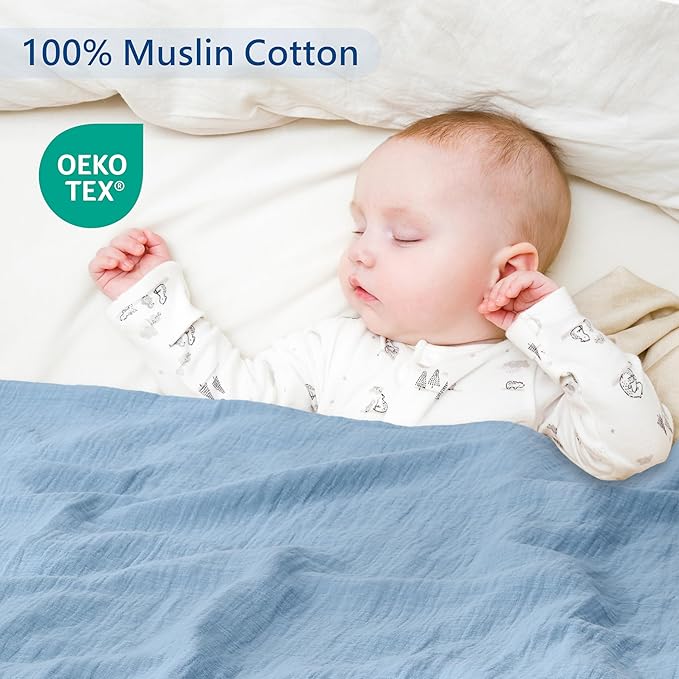 3-Pack 100% Cotton Muslin Swaddle Blankets, Large 47 x 47 Inches — Breathable Soft Receiving Blankets for Newborns, Swaddling Wraps, Registry Gift (Bold Blue Mix)