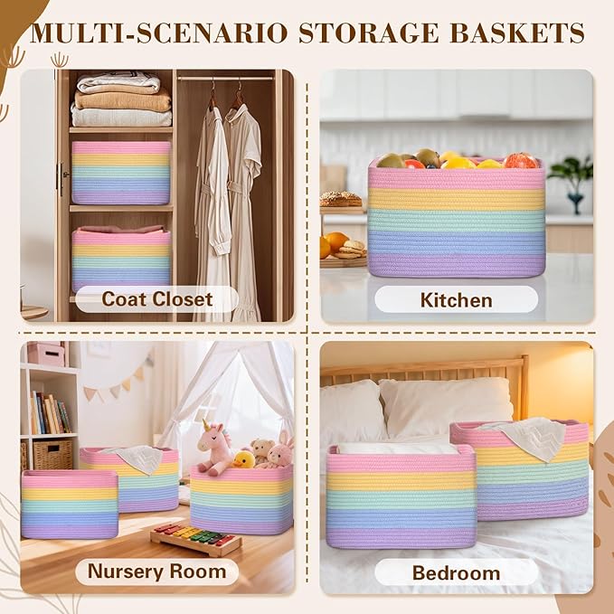 Woven Storage Baskets, Rainbow Baskets for Organizing, 3 Pack Woven Basket for Storage, Storage Baskets for Shelf, Towel, Toy, Book, Closet, Baby 15"×10"×9"