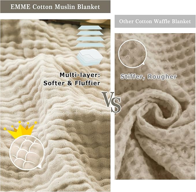 EMME Cotton Throw Blanket Large 50"x70" Gifts for Women 100% Muslin for Couch Breathable Gauze All Season Light Tan Soft and Lightweight Pre-Washed