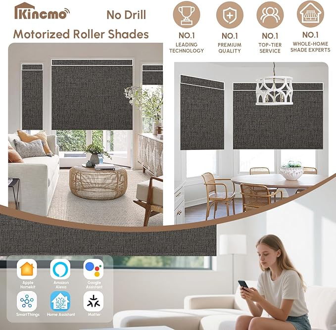 Kincmo No Drill Motorized Blinds with Remote, 100% Blackout Roller Shades for Windows, Custom Electric Blinds Compatible with Alexa, Apple Homekit, Google Home (100% Blackout Classic Shadow)