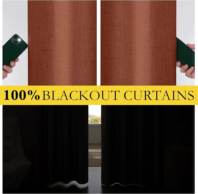 NICETOWN 100% Absolutely Blackout Linen Curtains with Thermal Insulated Grey Liner, 84 inches Long Drapes, 52" Wide, 2 Panels, Retro Burnt Orange Linen Curtains Vertical Drapes Privacy for Bedroom