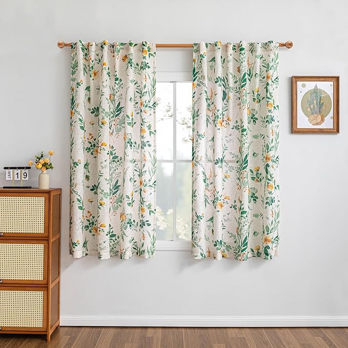 MYSKY HOME Floral Linen Curtains 72 inch Length 2 Panels Set - Sage Green Curtains Light Filtering Semi Sheer Protect Privacy Farmhouse Patterned French Drapes Back Tab Rod Pocket, 50" W Each Panel