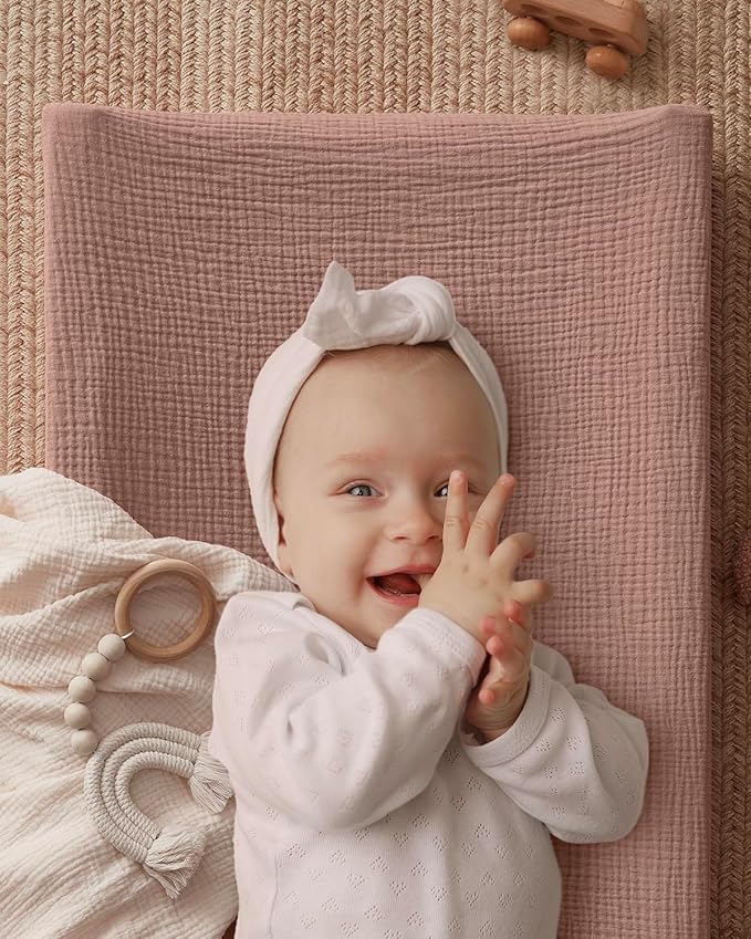 Blissful Diary Muslin Changing Pad Cover for Girls Boys, Ultra Soft Breathable Cotton, Baby Diaper Change Table Pad Covers, 2Pack (Checkered Pink & Dusty Pink)