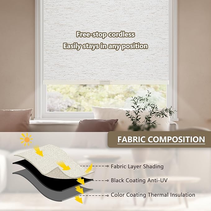 Cordless Blackout Roller Shades Blinds for Windows Free-Stop,Pull Down Room Darkening with Valance,Thermal Insulated Woven Fabric Window Door Blinds for Home,Office,Linen 57" W x 72" L