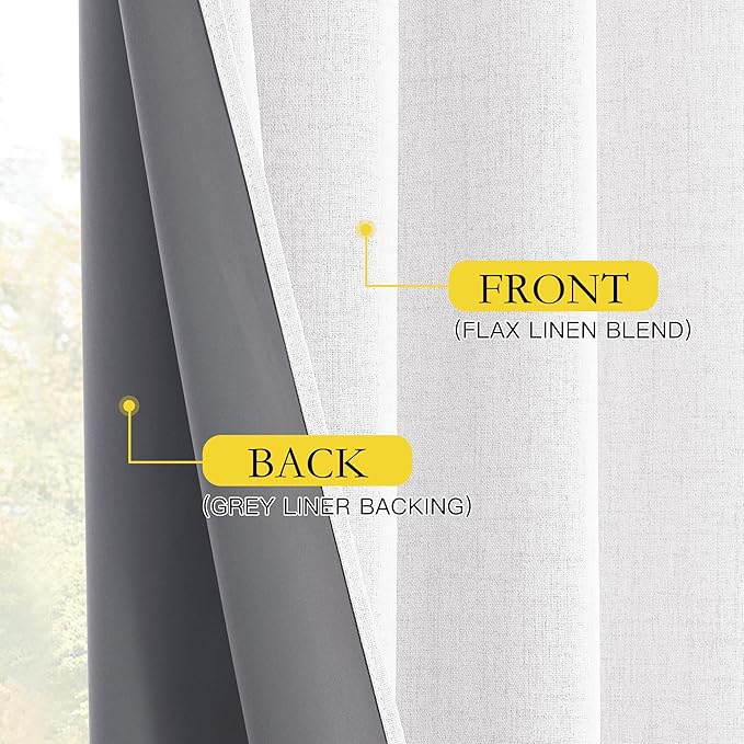 NICETOWN 100% Blackout Curtains with Grey Liner, Rod Pocket & Back Tab Thermal Insulated Flax Textured Full Light Blocking Window Draperies for Kitchen (Greyish White, 2 Panels, 42" W by 63" L)