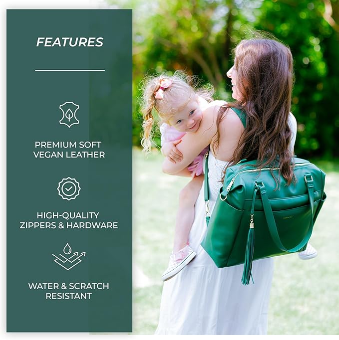 Large Diaper Bag Backpack, Vegan Leather Diaper Travel Tote Bag with Changing Pad and Stroller Straps