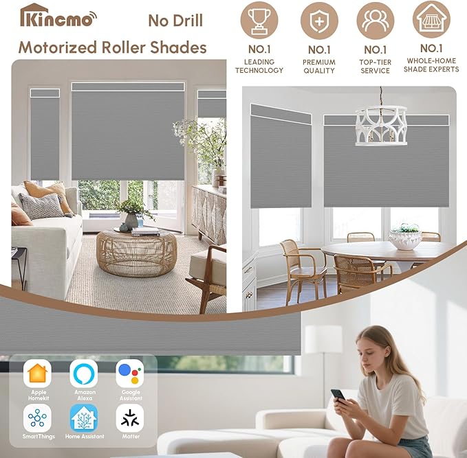 Kincmo No Drill Motorized Blinds with Remote, 100% Blackout Roller Shades for Windows, Custom Electric Blinds Compatible with Alexa, Apple Homekit, Google Home (100% Blackout Waterproof Vinyl Grey)
