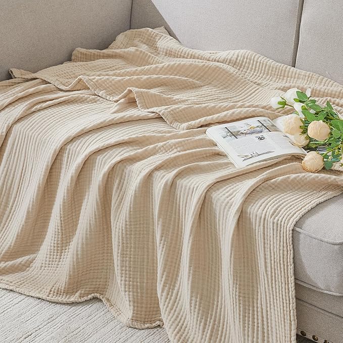 EMME Cotton Muslin Twin Blanket Breathable Gauze Soft Lightweight Blankets Adults Gifts for Women (Beige, 60"x80")