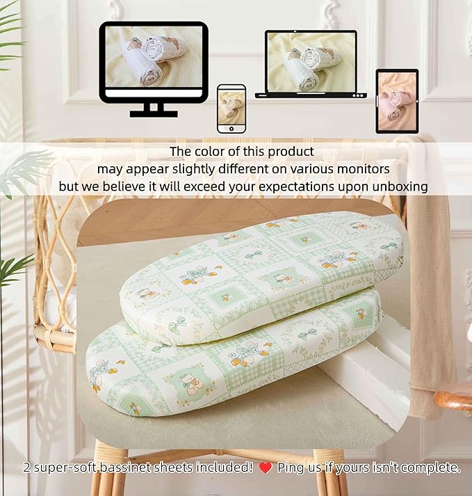SDY Jersey Floral Bassinet Sheets for Baby Boys and Girls,32 "x 16 "x 4",2 Pack,Neutral Green Flower Standard Oval/Retangle Bassinet Mattress Sheets for Toddler,Super Soft Breathable