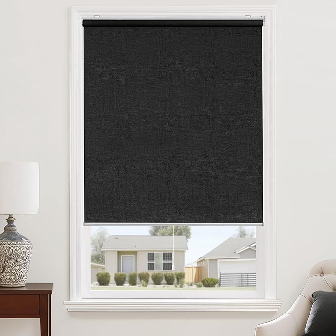 ChrisDowa Cordless Blackout Roller Shade with Spring System Room Darkening UV Protection Jacquard Fabric Blackout Blinds for Indoor Window Shades Pull Down for Home and Office, Black, 30" W x 72" H