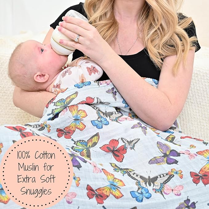 LollyBanks Baby Blanket for Girls, Large 47 x 47 Inches Soft Muslin Swaddle Blankets, 100% Cotton Breathable and Lightweight Baby Receiving Blankets, Registry (Butterfly Print)