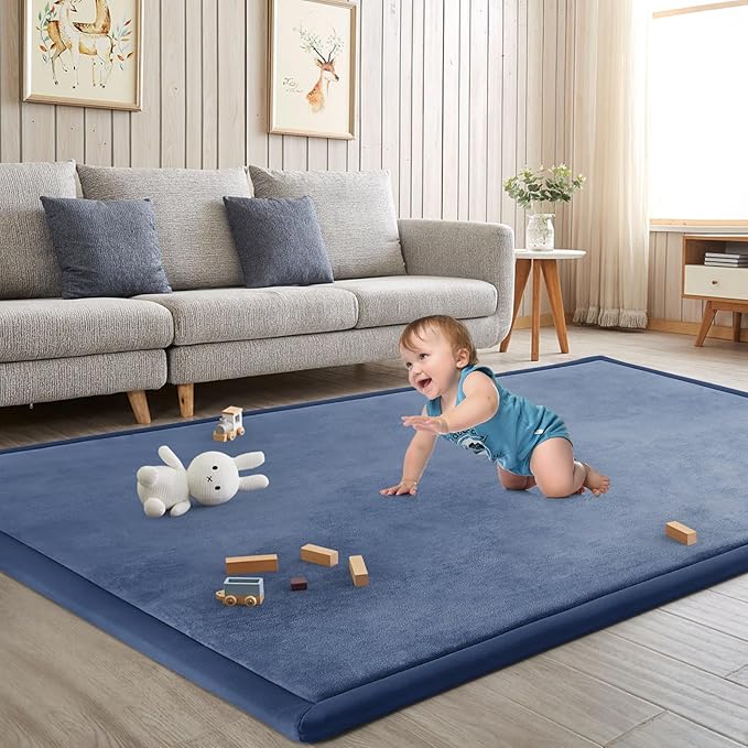 Baby Play Mat for Floor Tummy Time Mat Nursery Muscle Area Rug Playroom Rug Tatami 47"x47" Memory Foam 1.3" Thick Crawling For Babies,Toddlers, Infants, Kids,Floor(Blue)