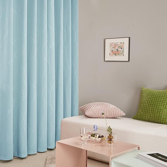 Deconovo Blackout Curtains, Thermal Insulated Soundproof Grommet Drapes, Wave Dot Foil Print, 38 x 54 Inch, Set of 2, Machine Washable Window Panel for Bedroom Living Room Nursery Kitchen, Light Blue
