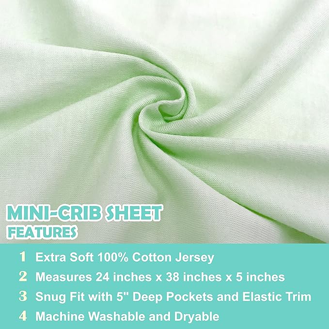 American Baby Company 2 Pack 100% Natural Cotton Fitted Mini Crib Sheets 38" x 24" - Soft & Breathable Small Nesting Portable Sheets, Fits Pack N Play Mattresses, Celery, for Boys & Girls