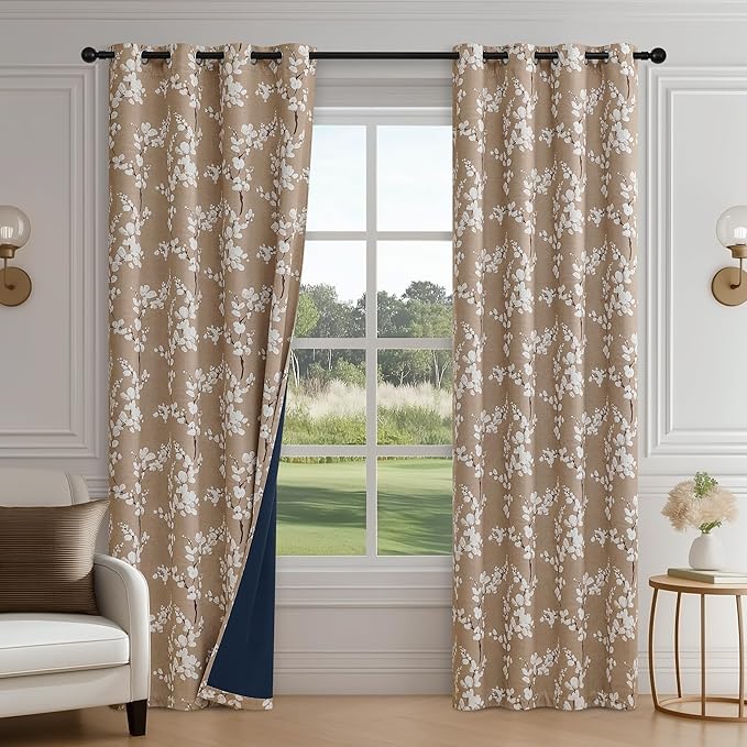 FMFUNCTEX 100% Blackout Floral Curtains for Living Room, Taupe Curtains 96 inches Long Blossom Flower Patterned for Bedroom, Thermal Insulated Farmhouse Drapes, Grommet Top 2 Panels (White on Tan)