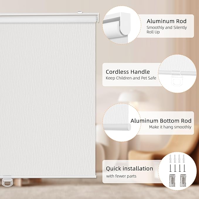 ChrisDowa Blackout Roller Shades for Windows, Striped Pattern Cordless Pull Down Door Blinds with Privacy, Thermal Insulated Window Shades for Living Room, Home and Office. White, 35" W x 72" H
