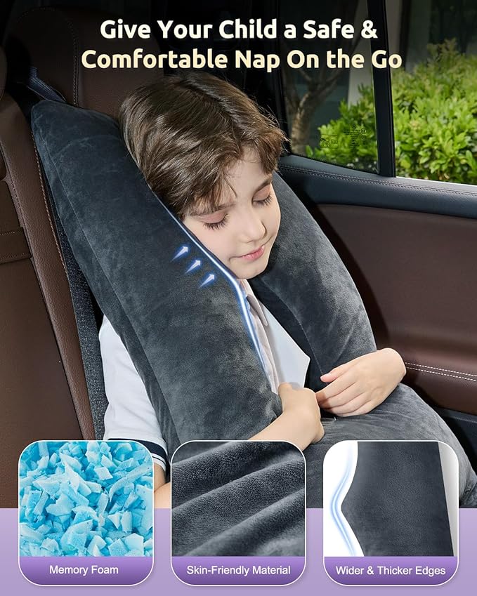 Car Pillow for Kids Travel Pillow with Adjustable Strap, Kids Floor Pillows Cushions for Adults and Children to Support Head and Body Road Trip Essentials (Grey)
