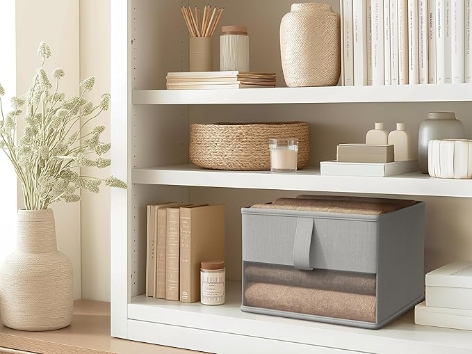 Foldable Storage Bins with Clear Window, Fabric Organizer for Closet, Shelves & Cubes - Breathable, Odor-Free Storage Boxes for Towels, Clothes, Toys, Books - 11.5 * 8.75 * 6.5in, Gray, 3-Pack