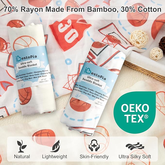 70% Rayon Made from Bamboo 30% Cotton Muslin Swaddle Blanket, 47 x 47 Inches, Basketball Print Baby Receiving Blanket, Soft and Breathable, Unisex, 2 Pack