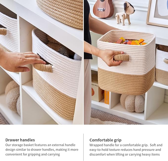 Storage Cube Baskets for Organizing -3 Pack -11 inch Square Baskets for Cube Storage, Closet Storage Bins-Woven Cube Storage Bins for Shelves- Ideal for Toy Storage |White & Khaki