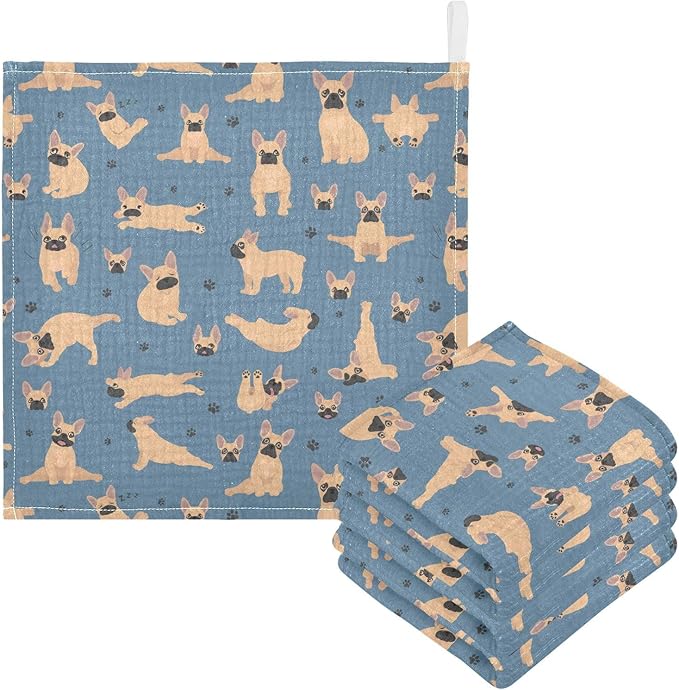 vvfelixl Baby Cotton Washcloths French Bulldog Pug Infants Bath Towel for Unisex Puppy Face Towels for Newborn, Natural Baby Wipes Delicate Skin, 11.8 X 11.8 inch, one sizex3
