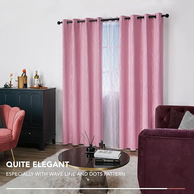 Deconovo Pink Curtains, Blackout Drapes, Thermal Insulated Soundproof Curtain, Silver Wave Dot Print, 52 x 108 Inch Long, Machine Washable Window Panels for Girls Bedroom Living Room Nursery, Set of 2