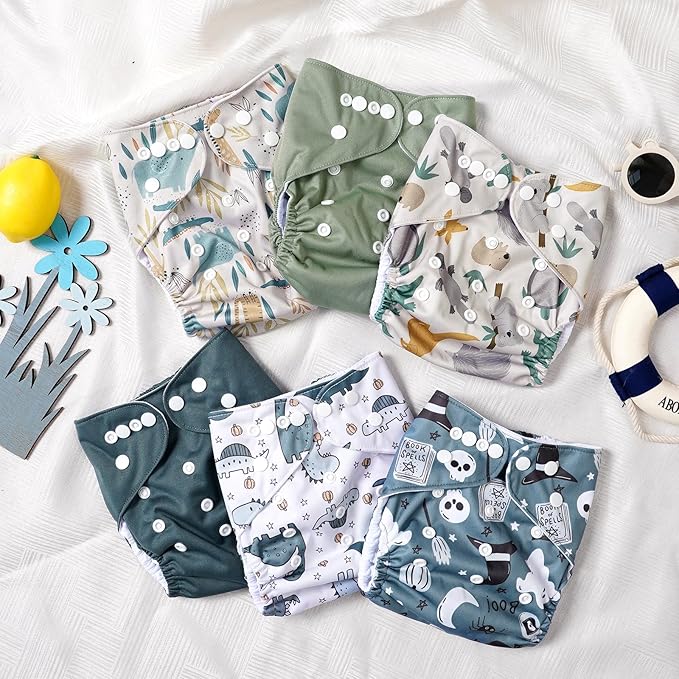 CoolaPeach 12 Set Reusable Adjustable Cloth Diapers for Newborn to 0-3 Years,One Size Washable Pocket Nappy Covers for Baby Girl and Boy,6 Pack Cloth Diapers+6pcs Microfiber Inserts (NCP04)