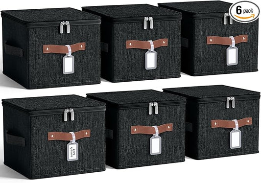 6 Pack Fabric Closet Storage Bins with Zipper Lids and Label, 15x10x10In Large Size Foldable Cotton Linen Storage Cubes Boxes with PU Leather Handles Holder for Bedroom, Shelf, Nursery, Black