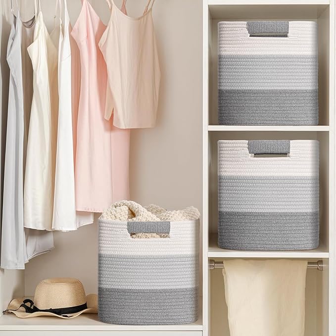 13 Inch Storage Cubes, 3 Pack Cube Storage Bins for Organizing, Cotton Rope Woven Baskets for Shelves, Bathroom, Kids Room, Closets, Baby Nursery