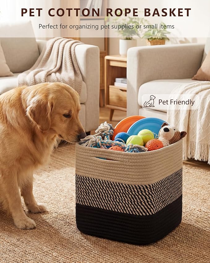 Cube Storage Bin 11" x 10.5" x 10.5" Cotton Rope Basket Square Woven Storage Basket for Shelves, Closet Organizer, Soft Towel Sock Basket, Gradient/Black Brown, 1 Pack