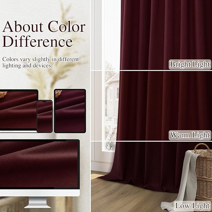 Guken 100% Blackout Curtains 72 Inch Length 2 Panels Set for Living Room Bedroom Back Tab Thermal Insulated Black Out Linen Drapes Room Darkening Window Curtains 72 Inches Long,Burgundy