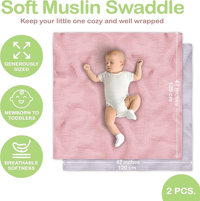100% Organic Cotton Muslin Baby Blanket - 47 x 47 Inch Breathable Baby Swaddle Blanket, Hypoallergenic Double-Layer, Soft Newborn Baby Blanket for Everyday Use (Light Pink/Light Purple)