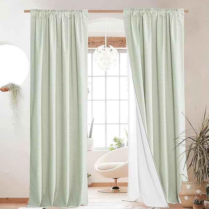 NICETOWN Sage Green Living Room Completely Shaded Linen Textured Draperies, Privacy Protection & Noise Reducing Rod Pocket Drapes, White Lined Insulated Window Treatment Curtains(2 Pieces, W52 x L84)