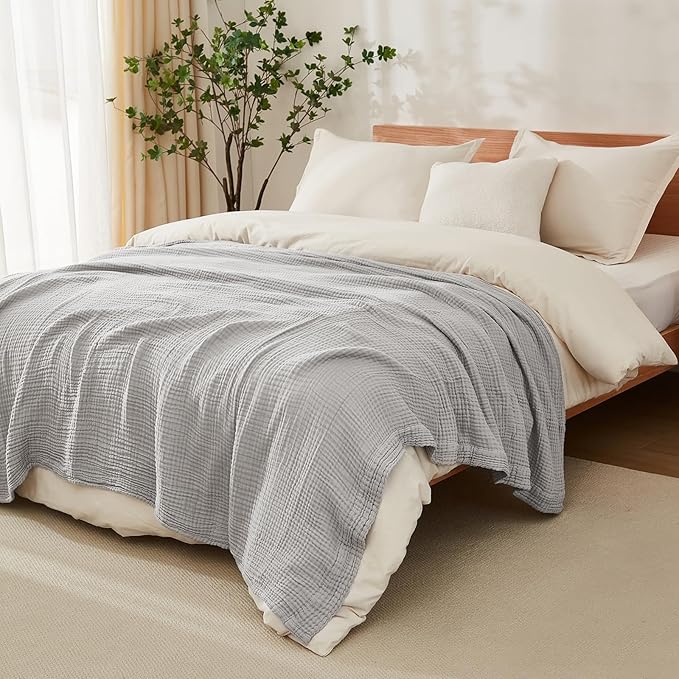 EMME Cotton Muslin King Blanket Big Oversized Bed Layering Bedspread Coverlet Breathable Gauze Soft Lightweight Blankets (Light Grey, 120"x94")