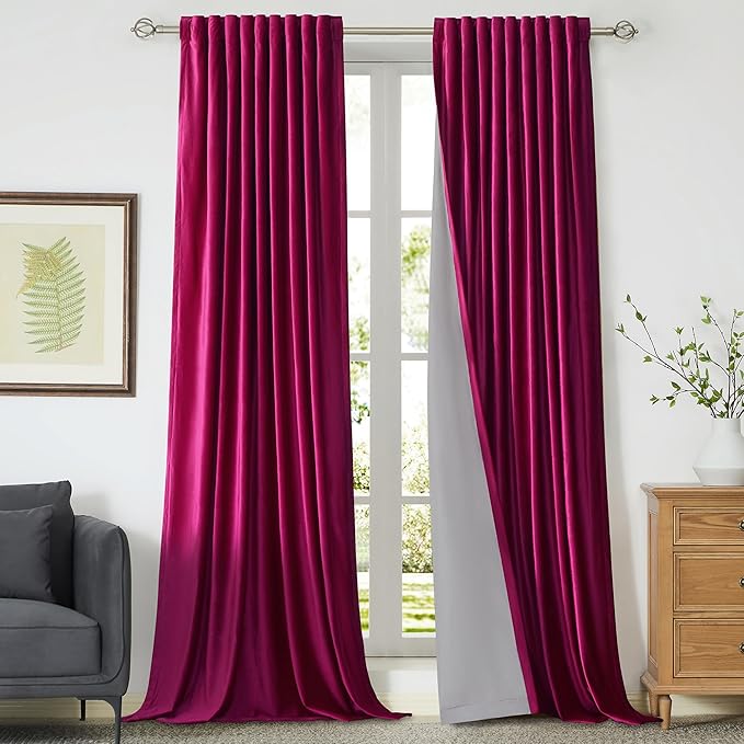 100% Full Blackout Hot Pink Velvet Curtains - 90 inch Long for Living Room & Bedroom, Set of 2 Liner Rod Pocket Back Tab Thermal Window Curtains, Room Darkening Heavy Decorative Drapes